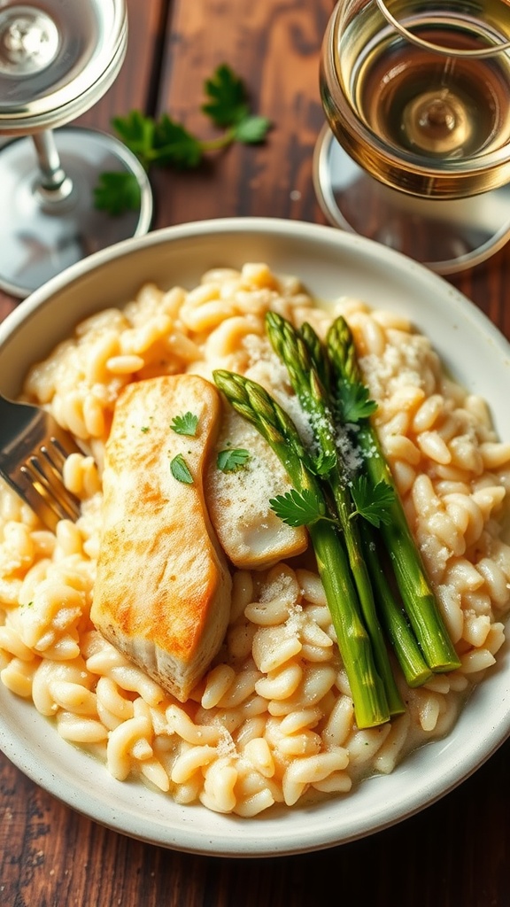 A bowl of creamy Mahi Mahi risotto with asparagus, garnished with parsley and Parmesan, on a rustic table.